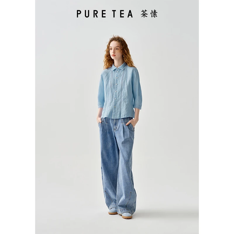 【度假出游】茶愫翻领苎麻织带拼贴七分袖衬衫2025夏新款KB0801D21