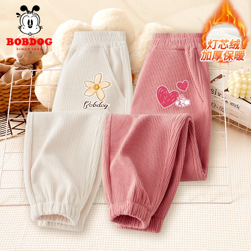 巴布豆女童加绒裤子冬季加厚一体绒2025新款秋冬款女孩灯芯绒冬装