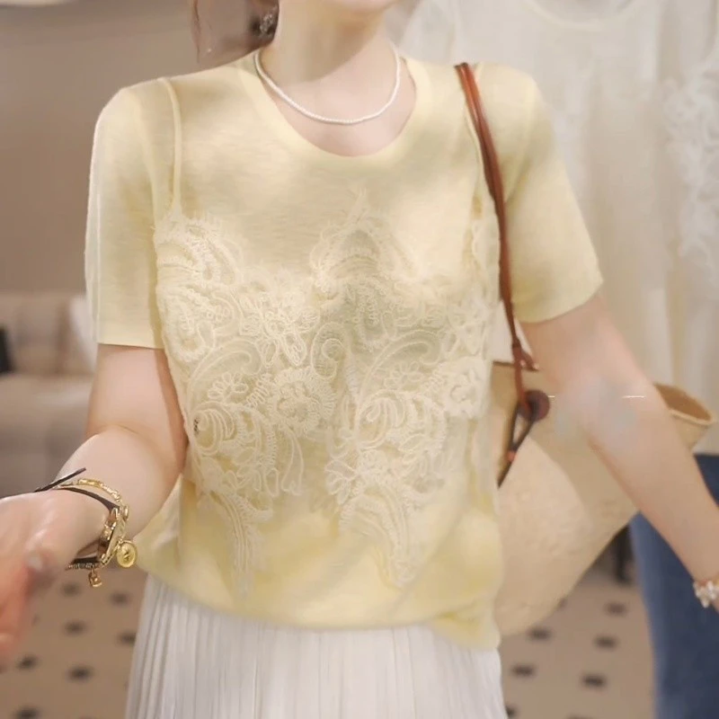 2025夏季百搭气质时尚假两件蕾丝吊带T恤薄款针织衫LK2503870