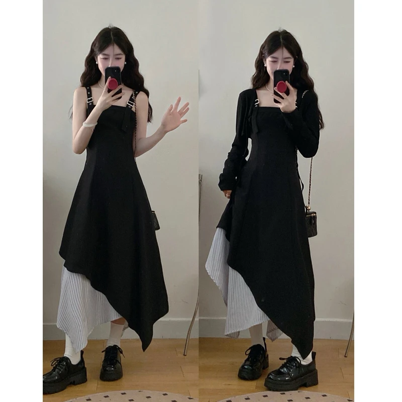 大码夏季胖MM英伦风不规则裙摆可调节背带连衣裙防晒开衫气质穿搭