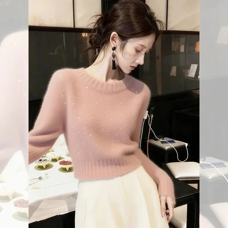 独特漂亮内搭粉色小衫打底毛衣女装秋冬新款洋气高贵针织衫上衣服