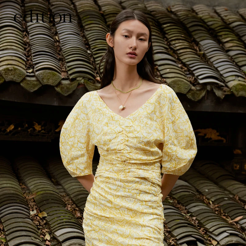 【赵老板专属】edition抽褶碎花廓形袖v领亚麻衬衣#EBB2TOP023