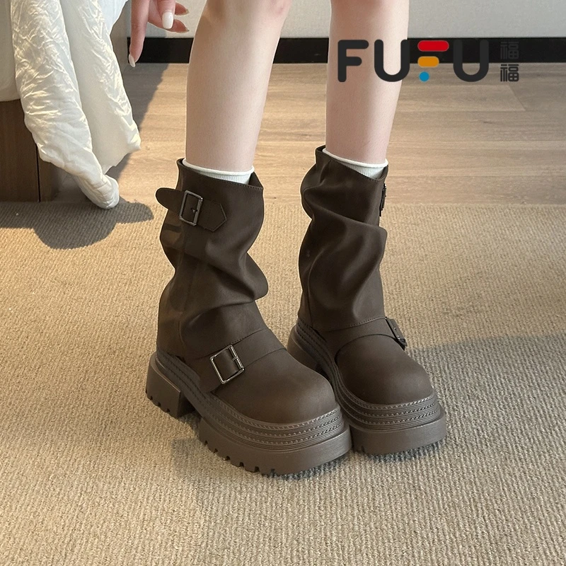福福小众设计感裤管马丁靴女2025秋冬新款厚底增高美拉德短筒靴女