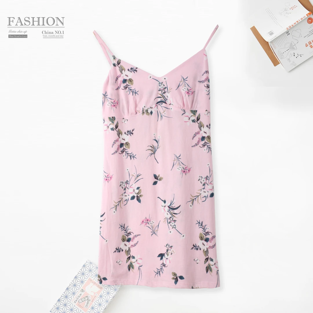 女士纯棉吊带印花睡裙舒适休闲家居裙肩带可调节BB947亲肤透气