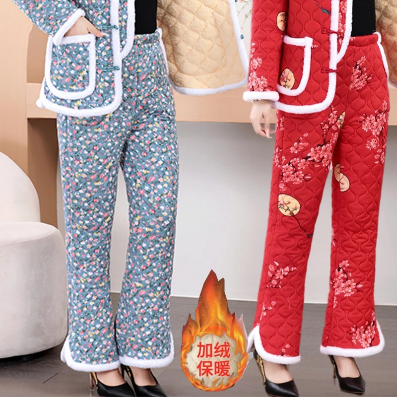 东北大花棉裤女加绒加厚冬季保暖长裤妈妈裤子民族风大码松紧女裤