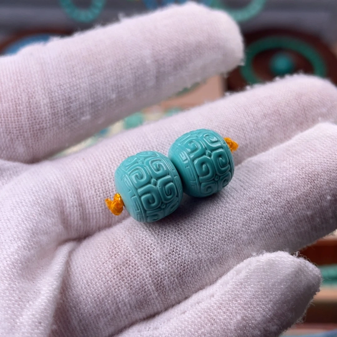 03号蓝绿回纹珠一对卡11.5mm