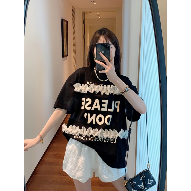 【张静芝】重工立体网纱字母黑色显瘦T恤