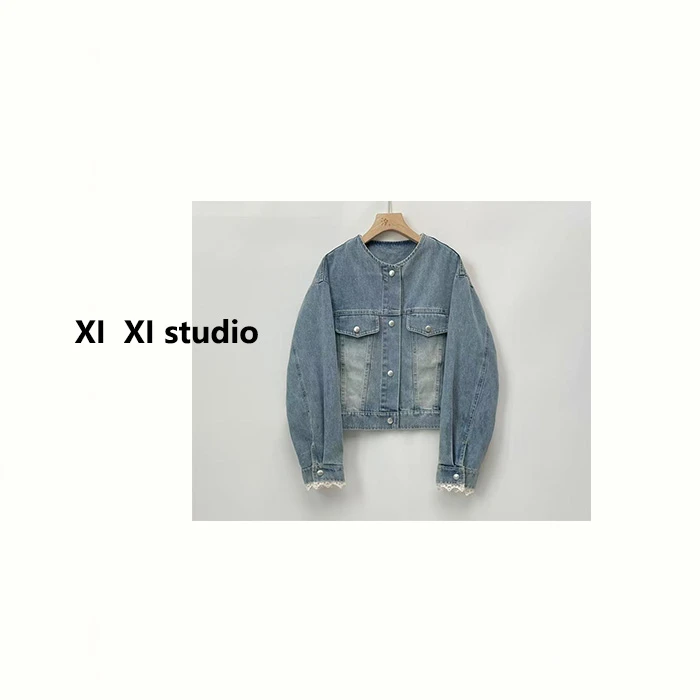 【汐汐女装】韩系小个子定制手袖拼蕾丝牛仔外套 Z6850