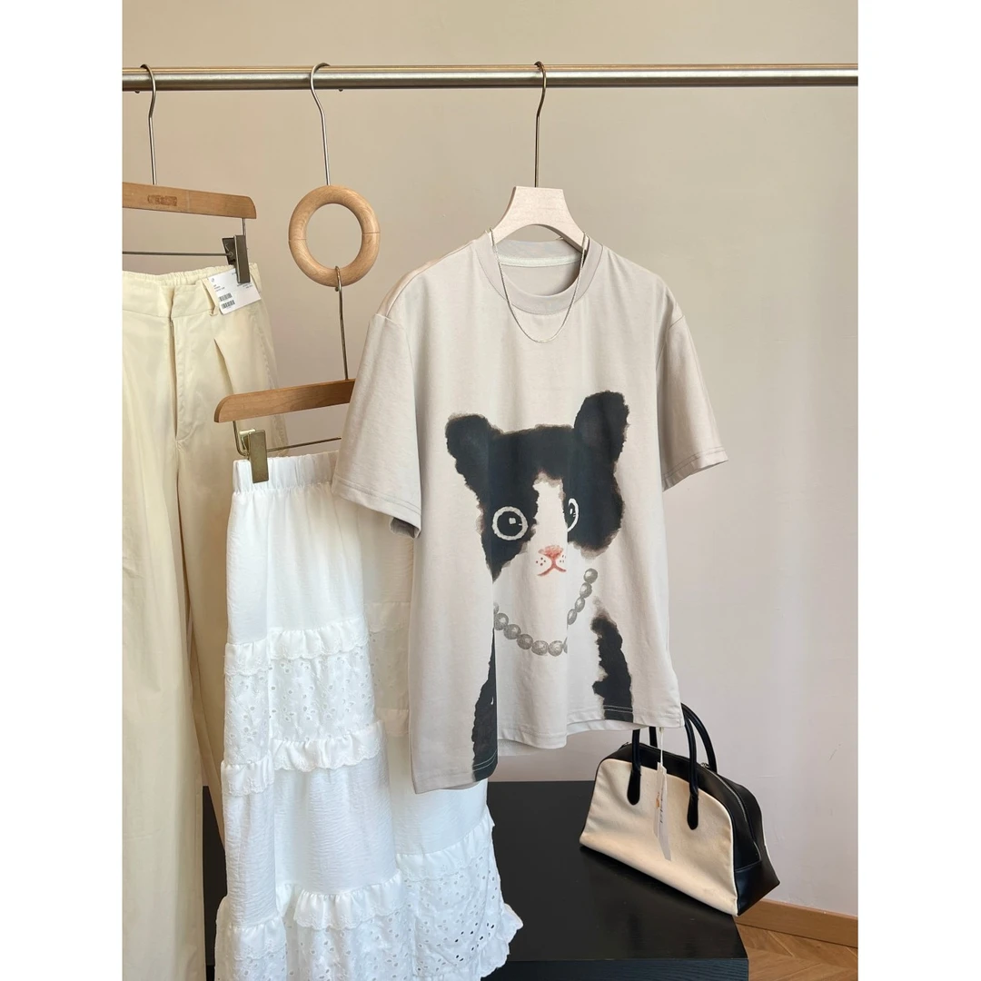 特！透气无感猫猫印花~ 凉感 防变型圆领短袖T恤 E 女装 H6109