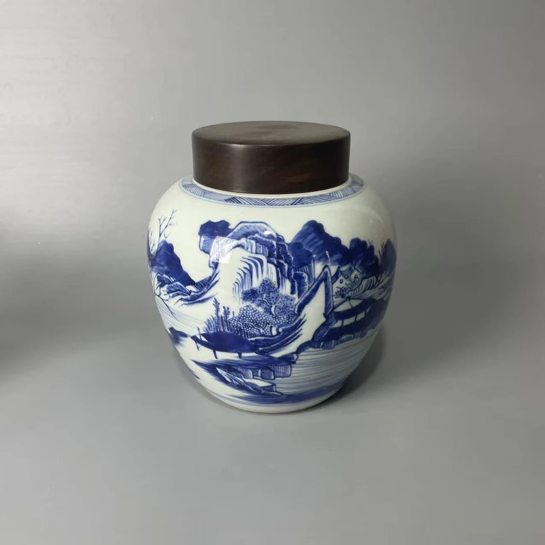 青花山水罐 一个