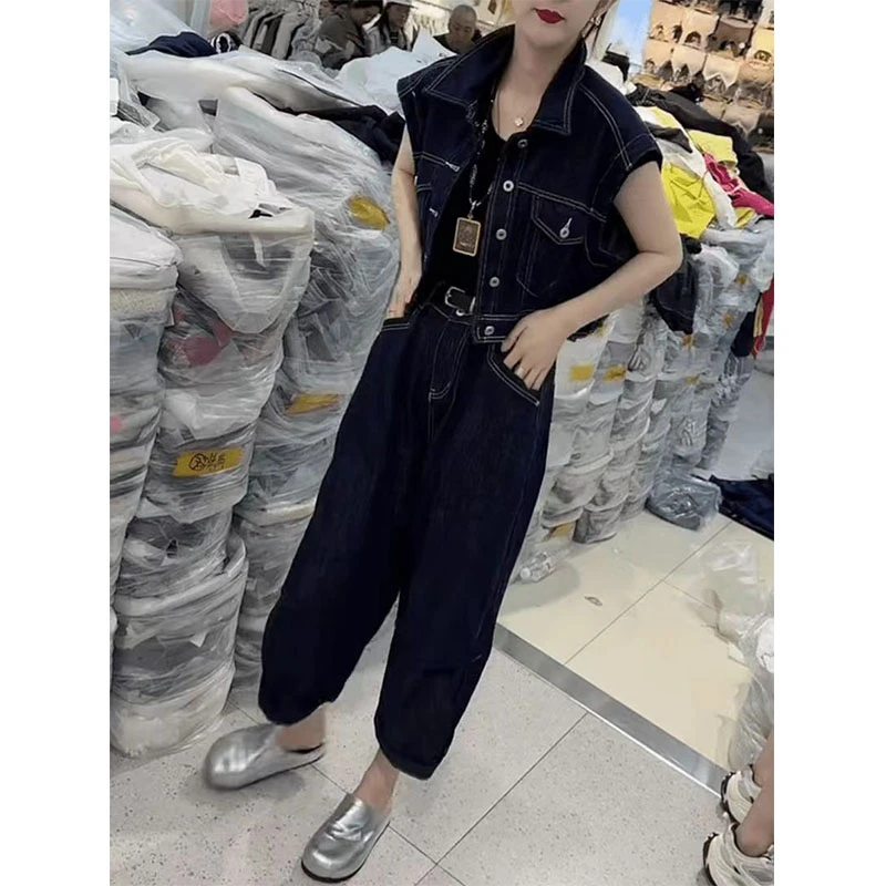 夏季新款时尚减龄牛仔套装女无袖马甲外套阔腿牛仔裤牛仔裤大码