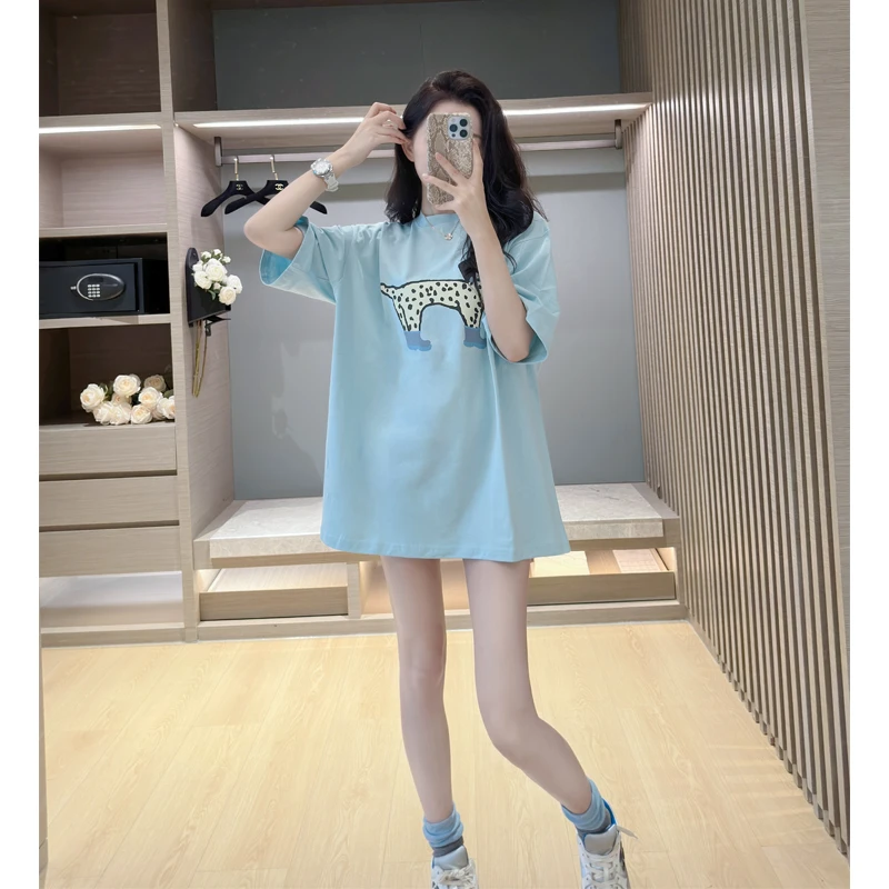 网红牧羊犬蓝色短袖t恤女夏季宽松显瘦中长款时尚卡通印花大版韩