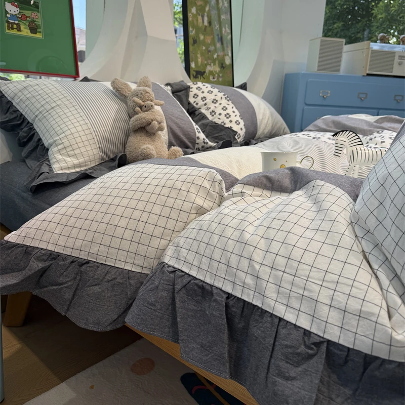 易安阁ins安妮森林花边山茶黑色床上四件套全棉纯棉民宿1.5m1.8米