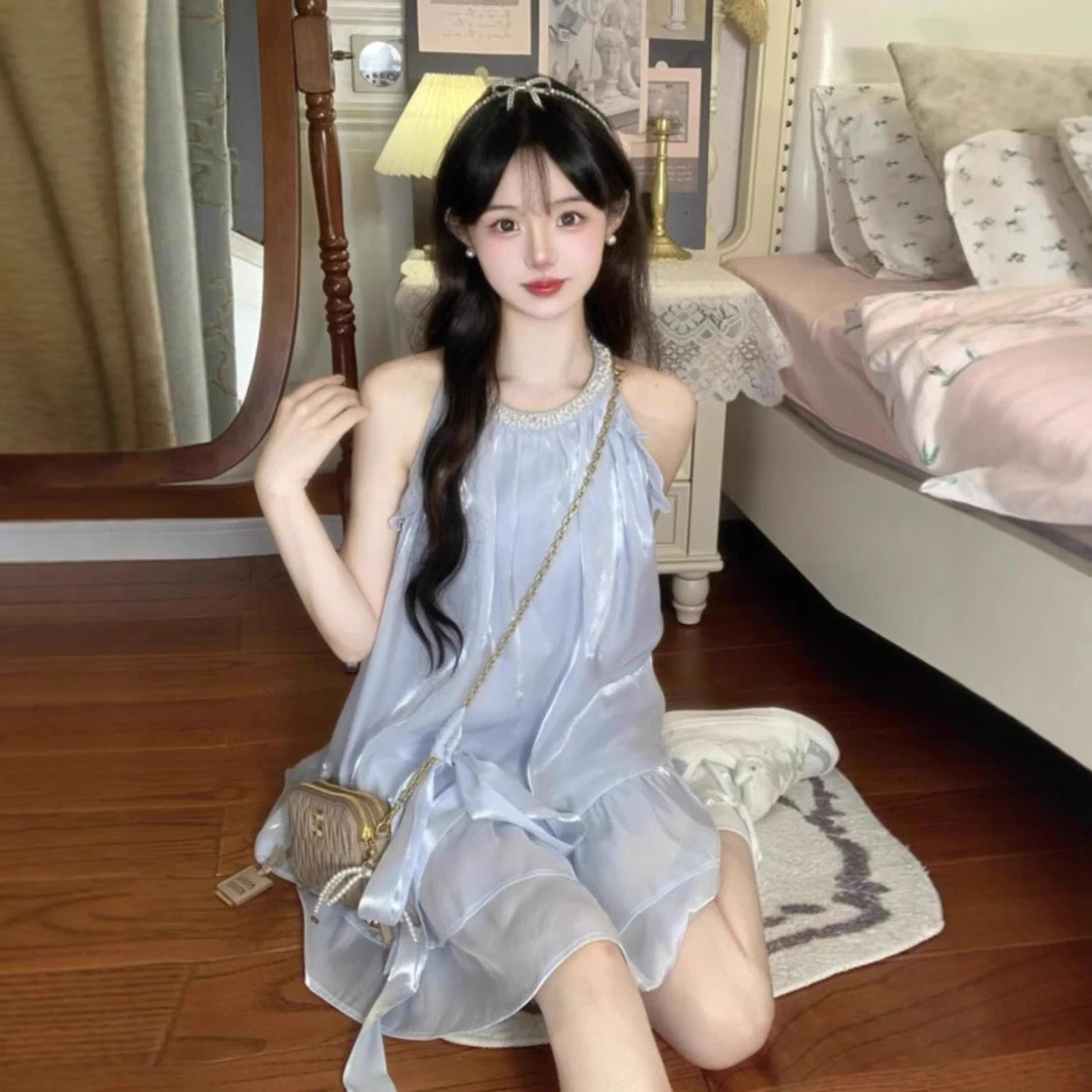 法式气质高端精致无袖挂脖连衣裙别致绝美仙女裙小个子生日小礼裙