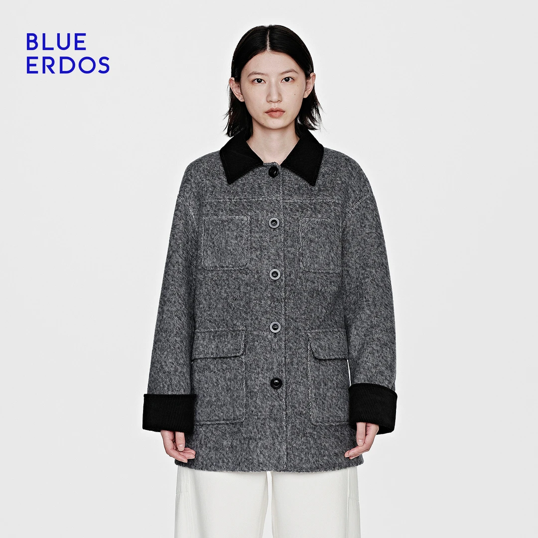 BLUE ERDOS25秋冬新复古翻领撞色中长款毛呢女大衣外套B256K6704
