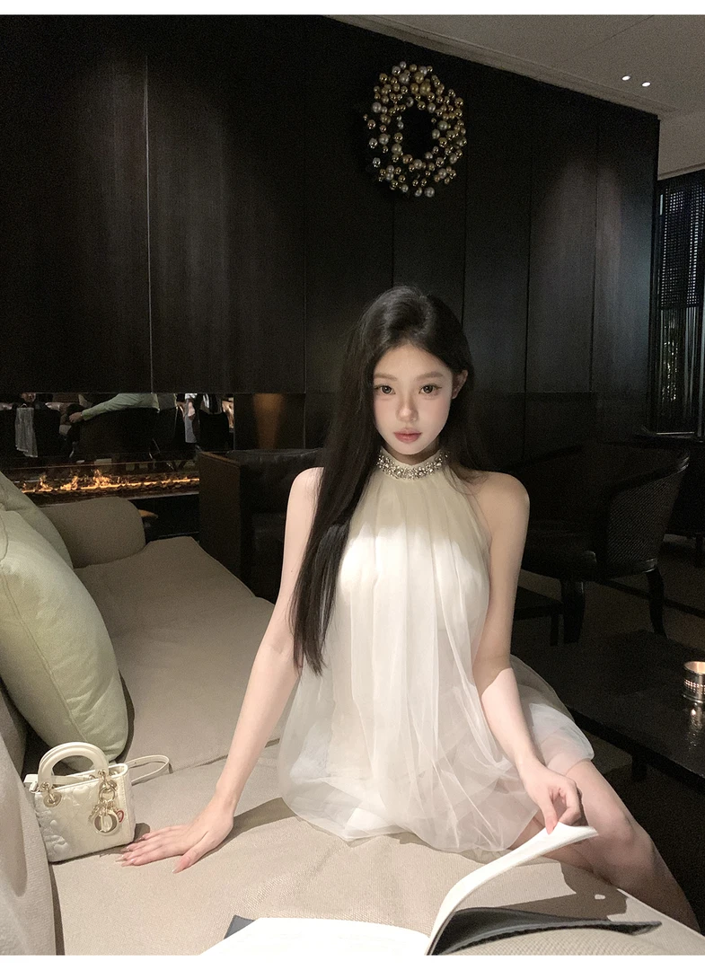 温雅名伶 重工镶钻挂脖网纱无袖连衣裙复古法式气质性感网纱短裙