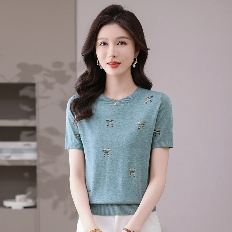100%天丝短袖夏季新款时尚薄款针织T恤上衣女宽松显瘦洋气妈妈装