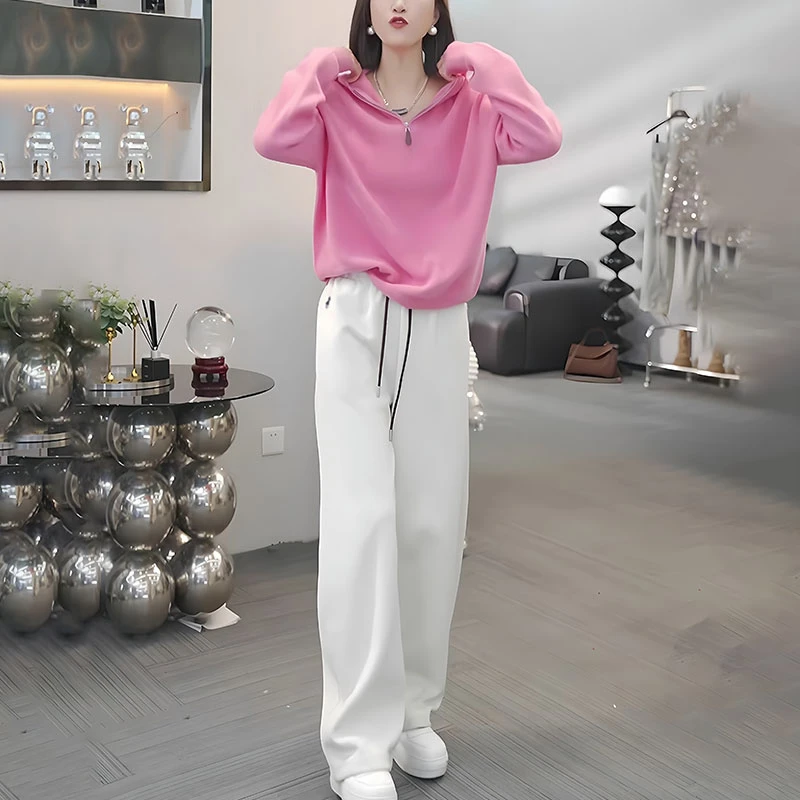 运动休闲套装女2025秋季粉色连帽卫衣时尚减龄高腰阔腿长裤俩件套