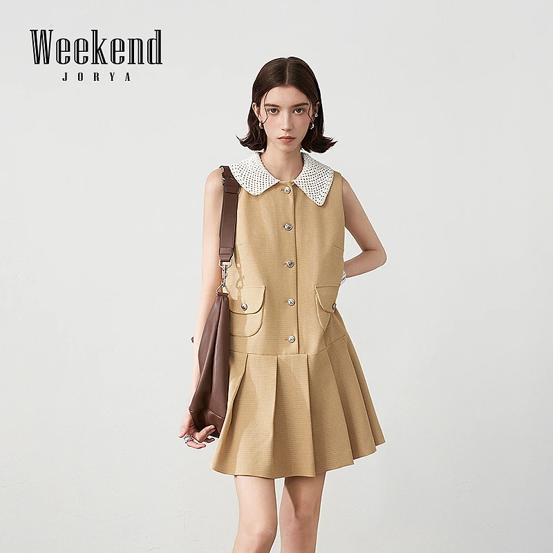 卓雅周末25夏新款成人礼好物学院风格纹撞色百褶连衣裙R220614C