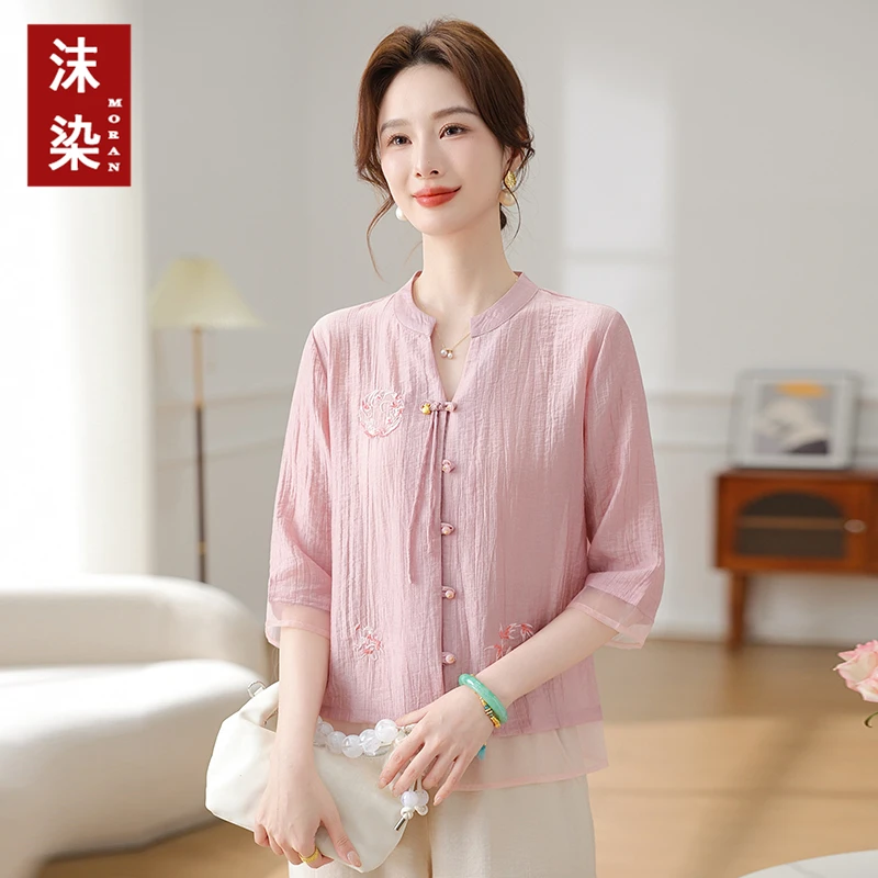 夏季新款中老年妈妈装休闲短袖小衫气质中年女装宽松显瘦遮肉洋气