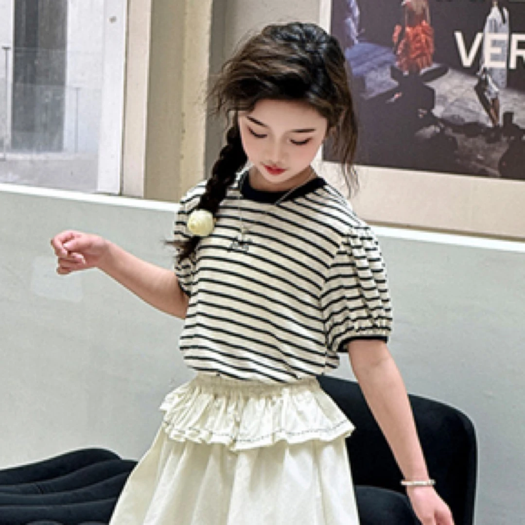 【丫丫童品】2025春季新款大童女童蝴蝶结刺绣条纹短袖-K089