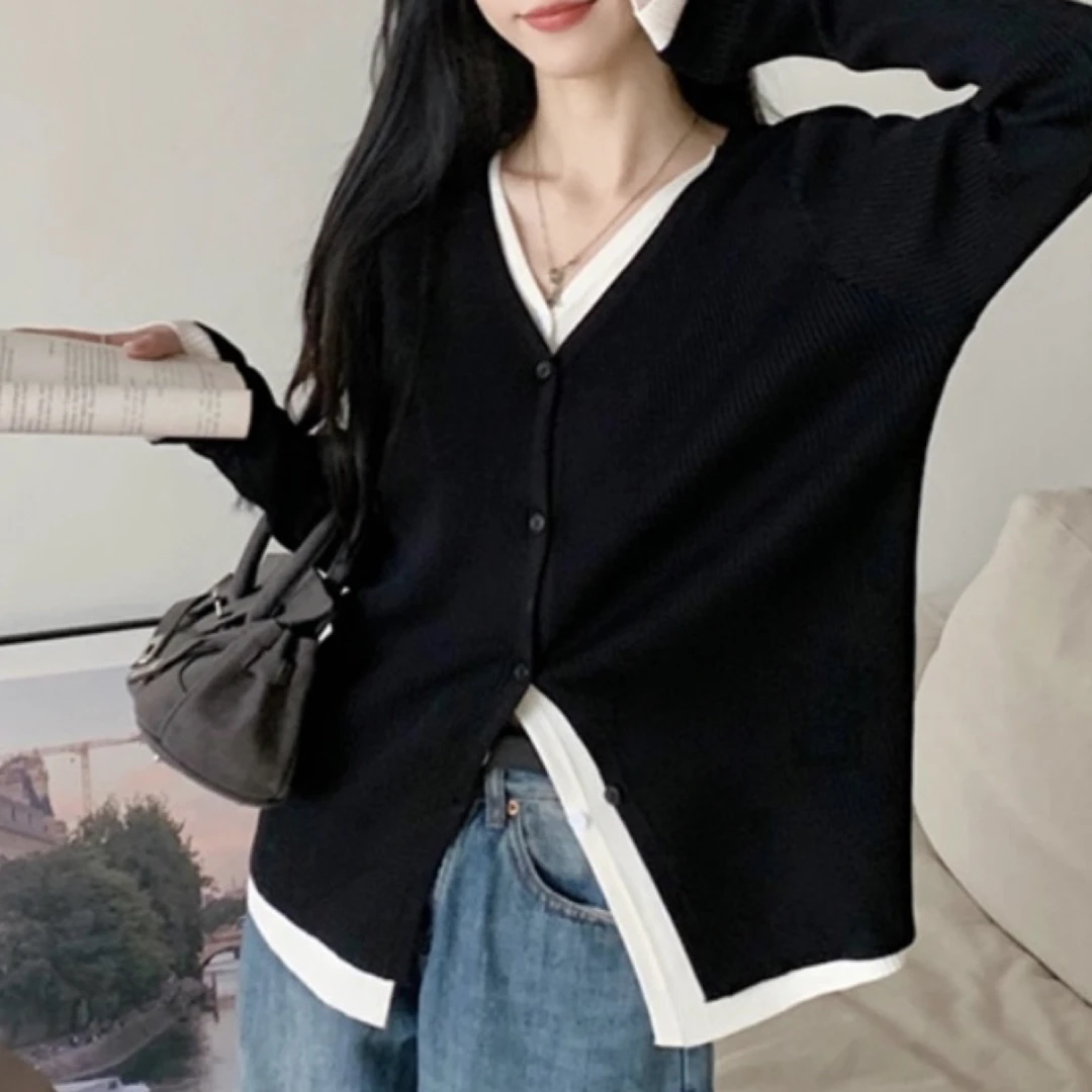 280 韩版拼色时尚叠穿设计款针织毛衣开衫