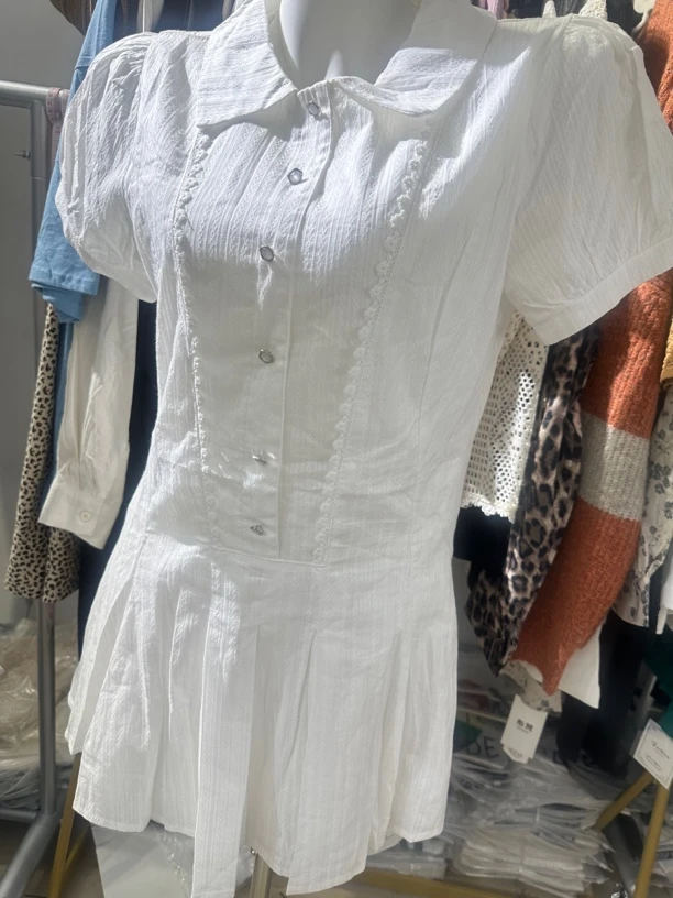 900-950学院风白色泡泡袖衬衫连衣裙女夏季甜美收腰短裙套装