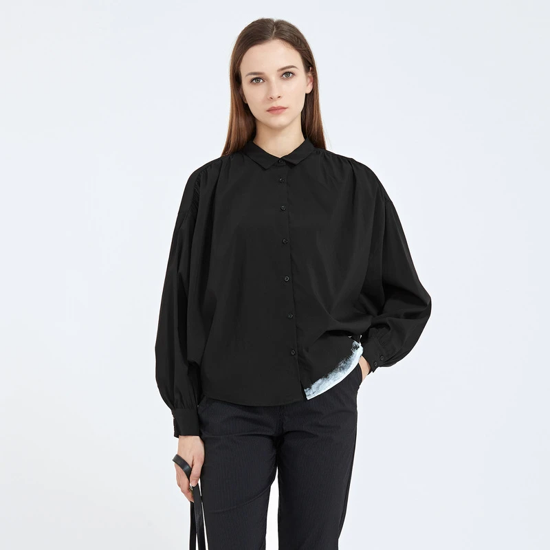 圣迪奥女装翻领休闲时尚设计感黑色通勤百搭女式衬衫S211T0509