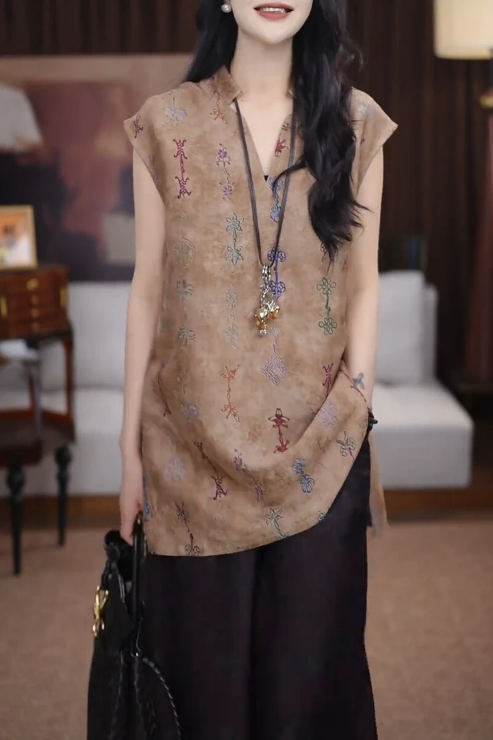 新中式国风高端夏季新款复古印花短袖衬衫大码女装中长款上衣