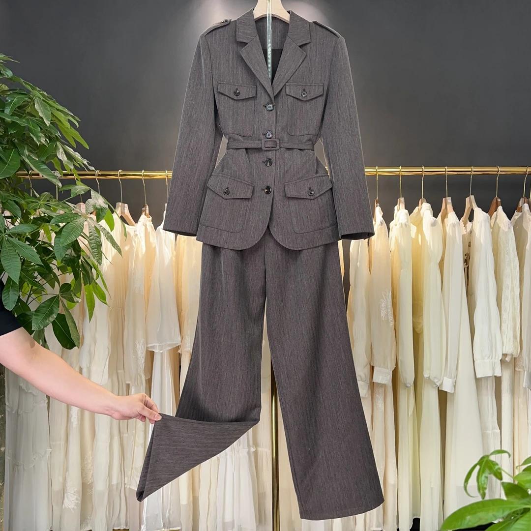 W658 春季新款老钱法式时尚设计感收腰套装两件套