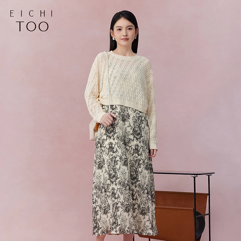 爱居兔春季新款米白色套头针织衫两件式连衣裙EQLFJ1P016A