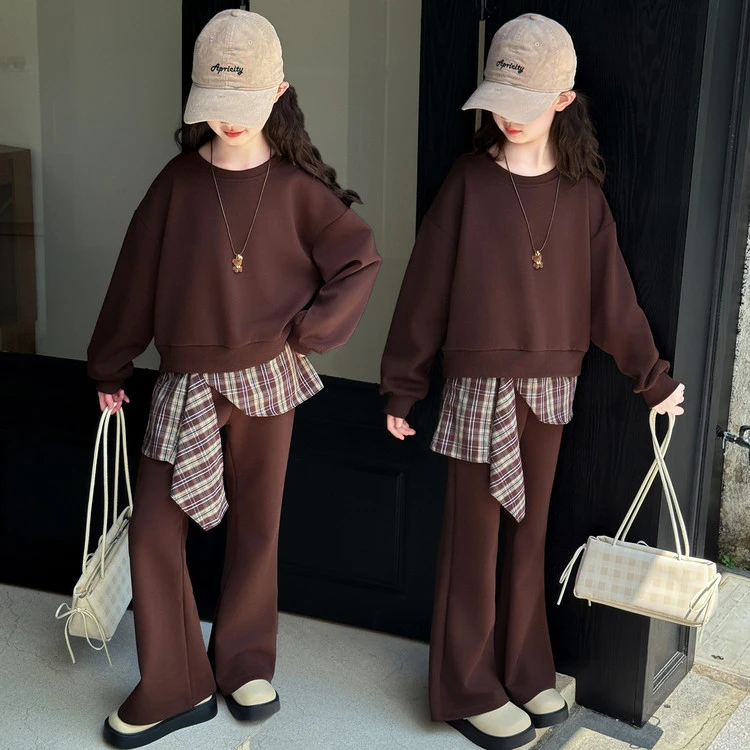 女童春秋休闲套装2025新款中大童洋气卫衣格子屁帘阔腿裤两件套潮