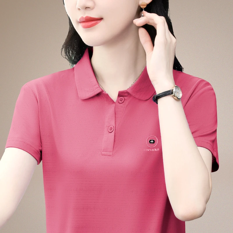 冰丝短袖t恤女夏季薄上衣2025新款中年妈妈polo领体恤衫大码夏装