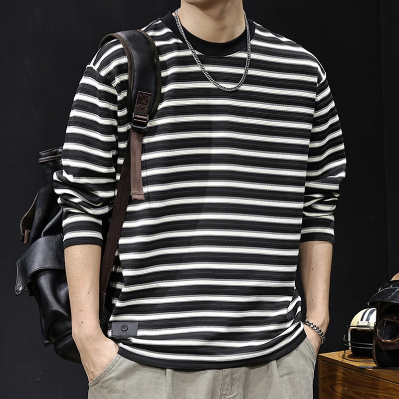 MR.MUDI/穆迪先生2025新款黑白条纹长袖t恤男士春秋美式潮牌重磅