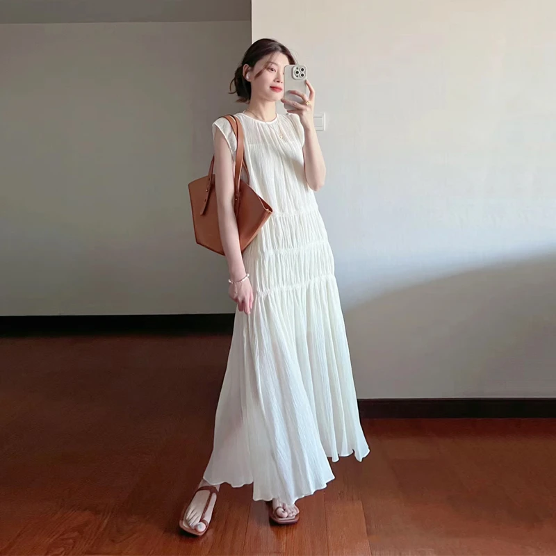 温柔风圆领褶皱小飞袖连衣裙气质简约女夏季休闲直筒宽松显瘦长裙