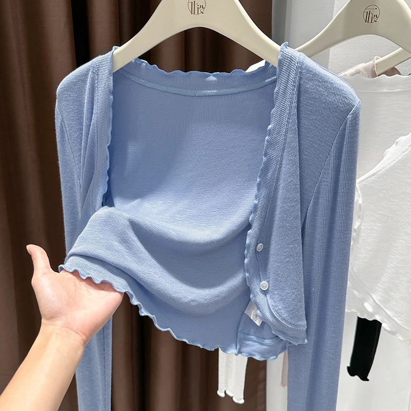 蓝色配吊带裙外搭长袖小披肩女气质V领针织开衫夏季新款防晒罩衫