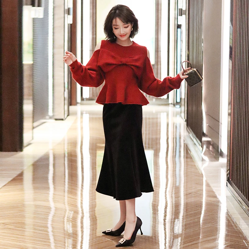 【现货】MIUCO蝴蝶结荷叶边摆彩色烫钻露肩针织衫