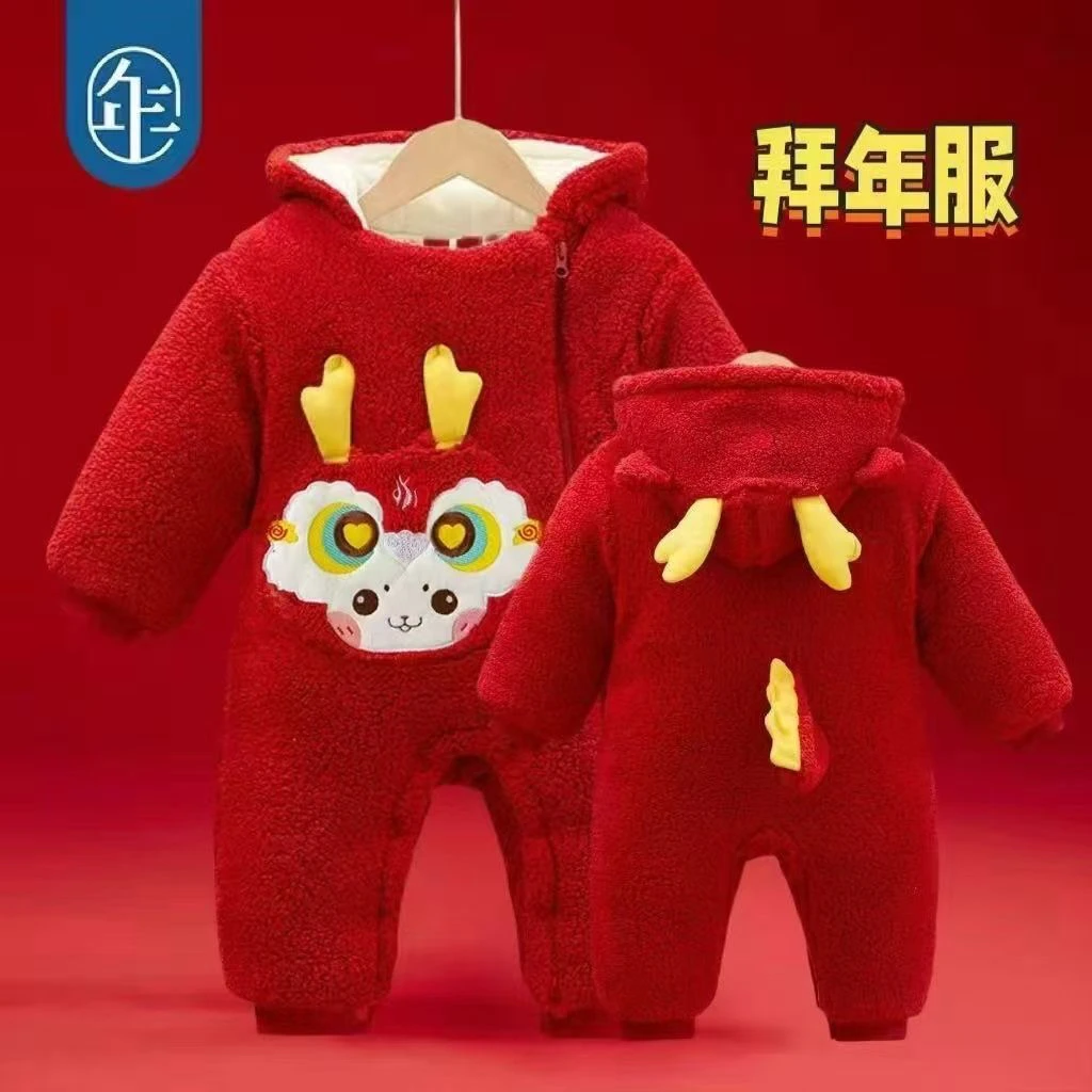 新生儿加绒加厚爬服哈衣外出居连体衣外穿女宝棉衣白天拜年周岁服