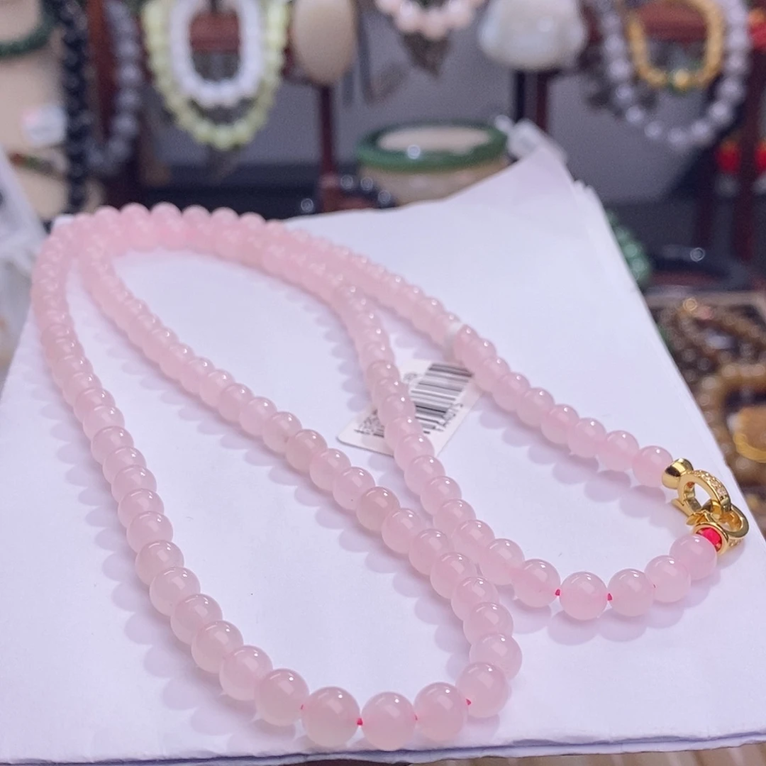 和田玉孤品老矿料藕粉高冰樱花粉圆珠项链6m未镶嵌