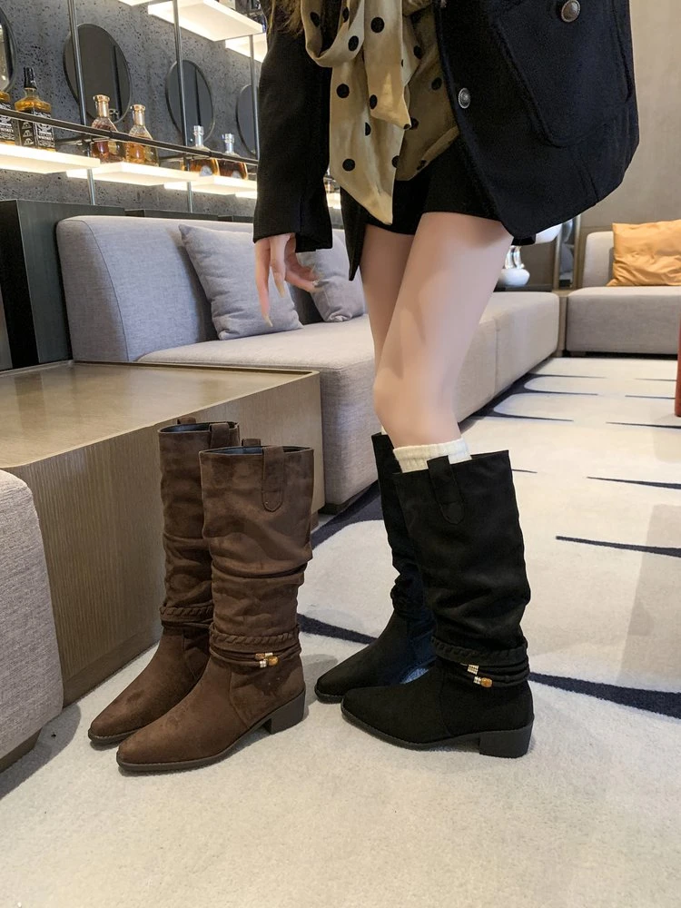 爆款百搭时装靴新款时尚粗跟厚底骑士平底秋冬长筒