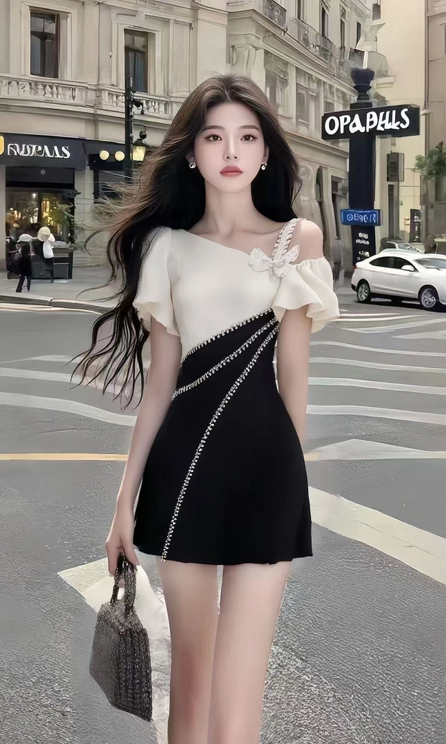 轻奢时尚高端大气设计感斜领露肩收腰修身连衣裙小众显瘦气质女装