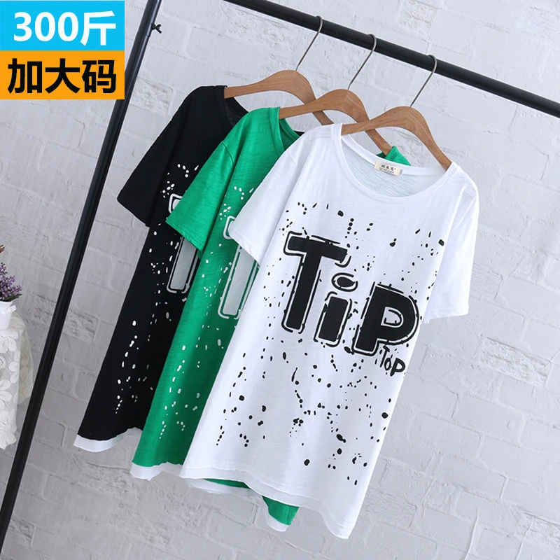 ZZ1713大码女装显瘦印染字母竹节棉中长款短袖T恤300斤女装