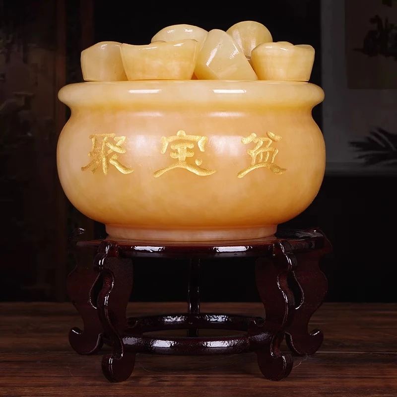 天然玉石聚宝盆摆件大气黄玉元宝家居装饰品客厅办公室工艺品摆设