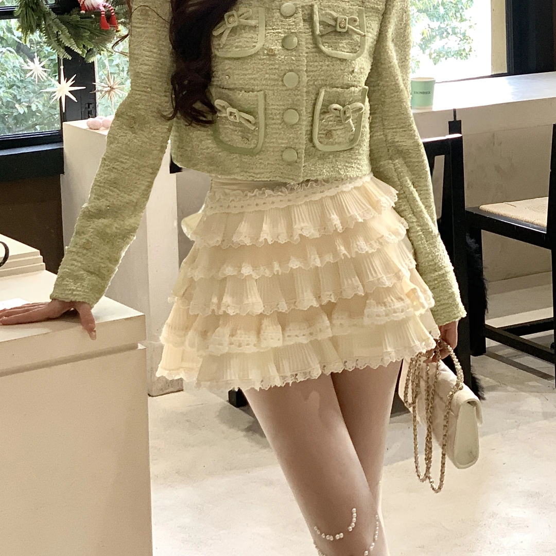 AZZHEN【花墙蕾丝】 复古宫廷风A字蓬蓬多层荷叶蛋糕裙 AZ5PSQ17