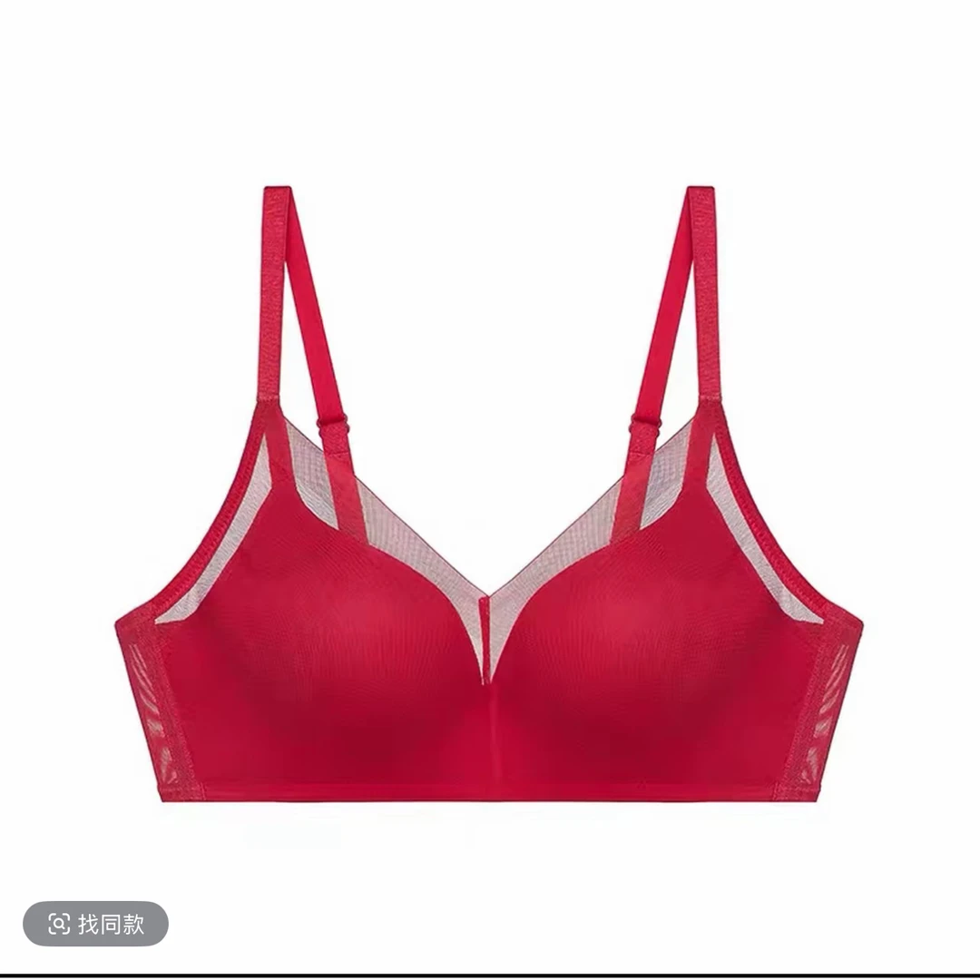 D24-黛-薄款无钢圈无痕乳胶红色宽侧收文胸内衣-E004105