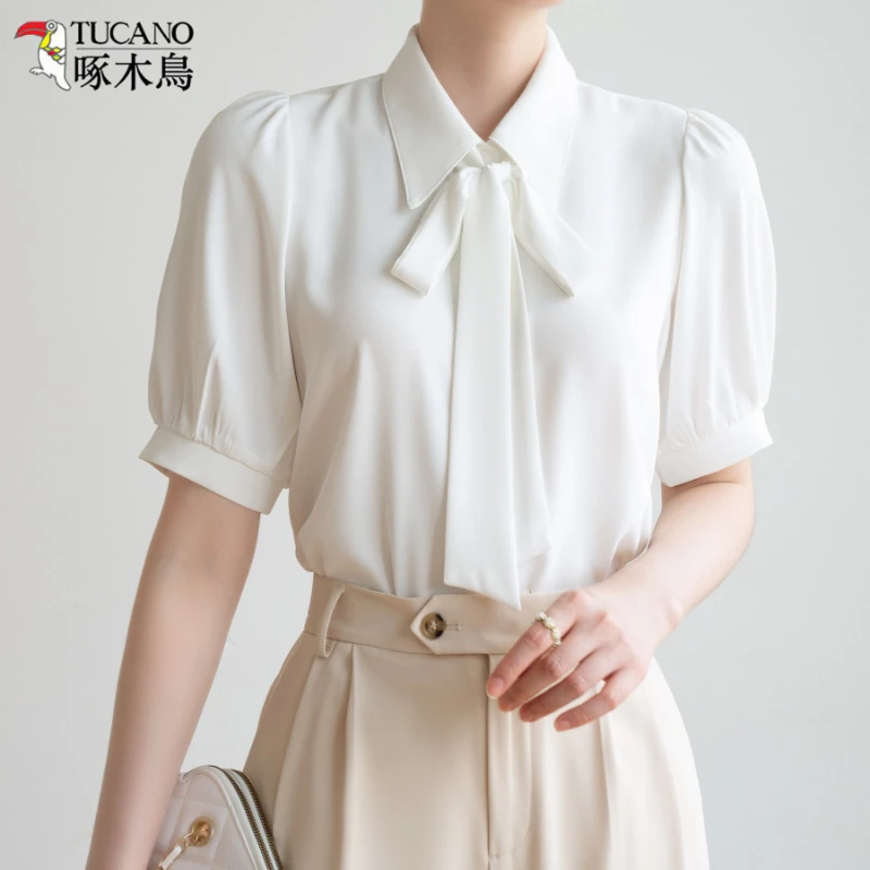 TUCANO/啄木鳥白衬衫女蝴蝶结飘带雪纺夏季新款职业正装短袖衬衣