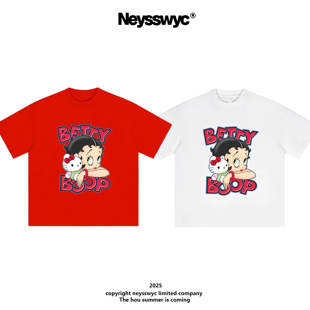 NEYSSWYC 【女孩】红白短袖T恤涂鸦KT杂志款可爱宽松情侣夏百搭