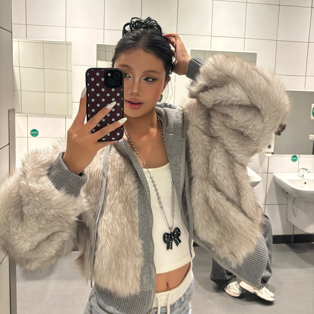 TOOHIGH 美式假两件仿皮草短款连帽外套秋冬百搭保暖短款夹克上衣