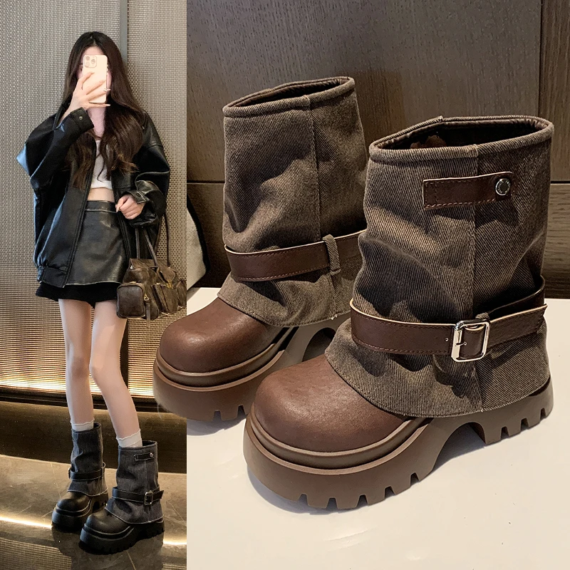 厚底马丁靴女2025秋冬新款小个子内增高靴子中筒烟筒靴百搭裤管靴
