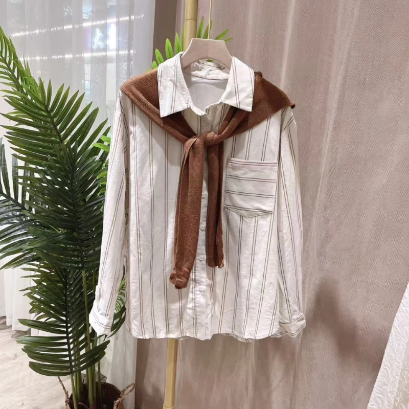 条纹衬衫披肩2件套7132